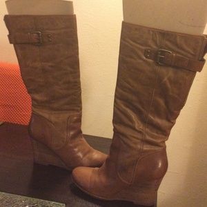 NW original box Nine West cognac/ilght brown leather wedged high heel boots10.5M